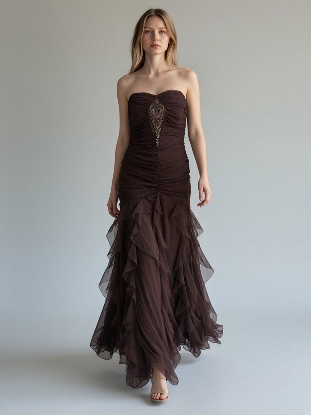 Jessica McClintock Brown Strapless Gown with beading detail Size 14